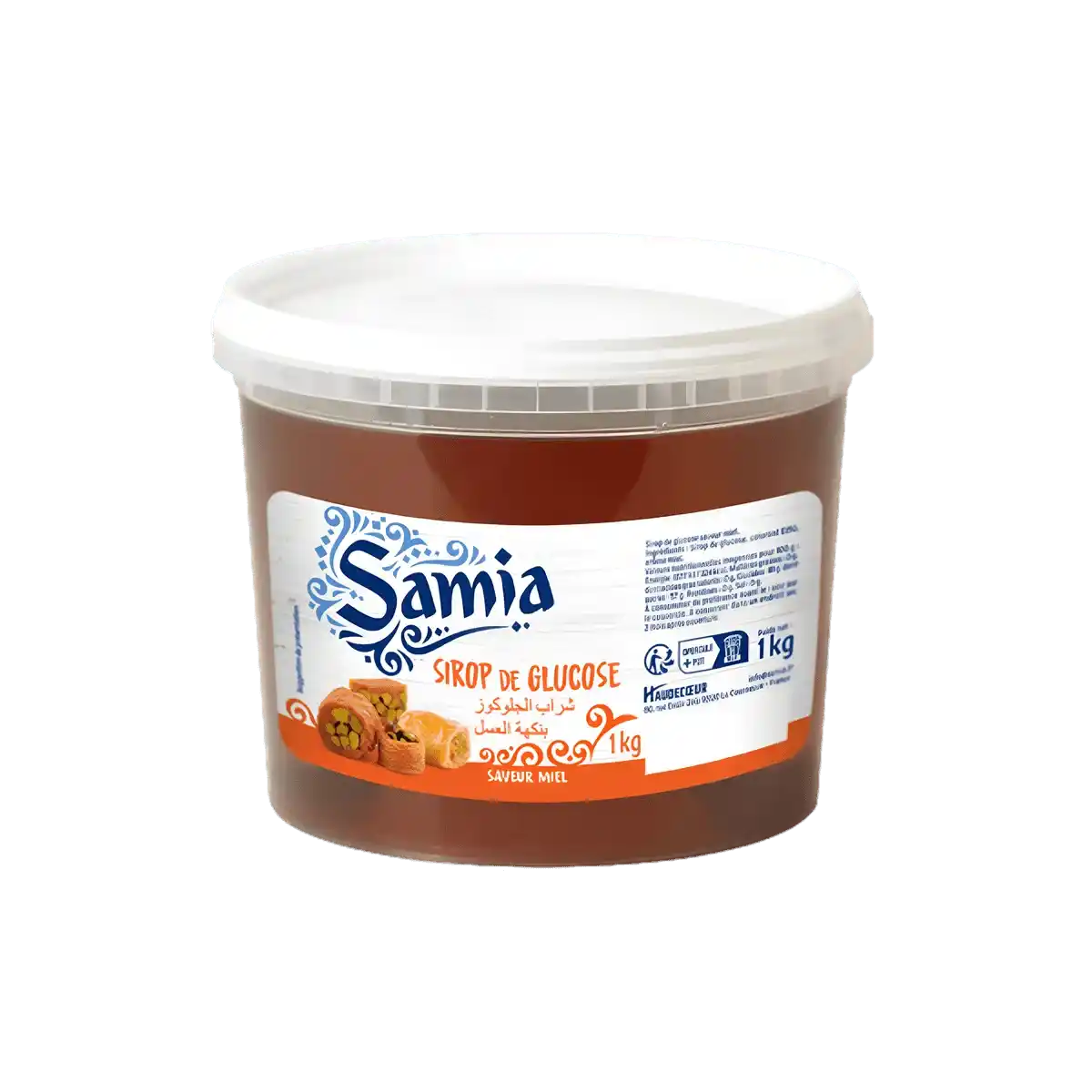 Pot de 1kg de sirop de glucose SAMIA saveur miel, idéal pour confiseries et pâtisseries orientales. Ingrédient essentiel en épicerie sucrée.