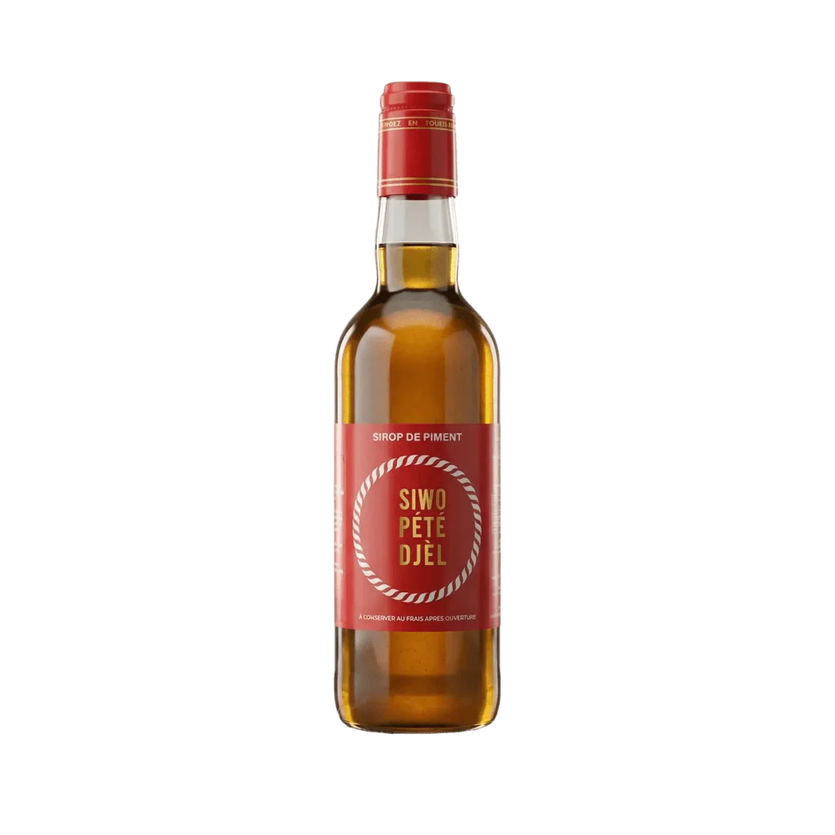 Fles SIWO PETE DJEL chilisiroop 50cL op groene achtergrond. Merk SIWO PÉTÉ DJÉL.