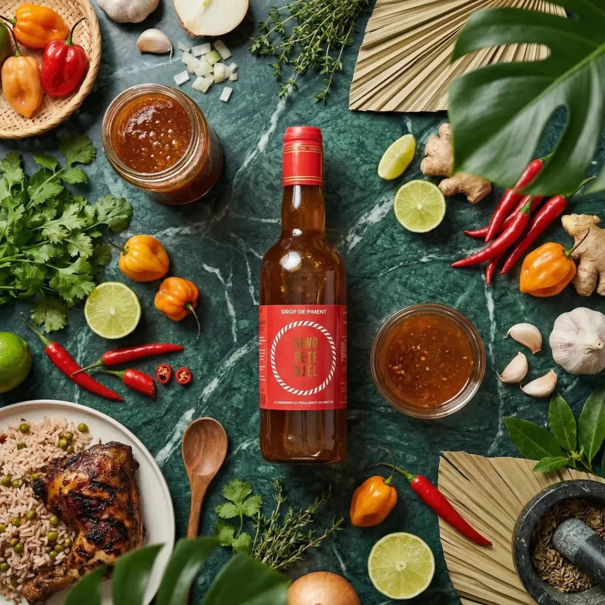 Sciroppo di peperoncino SIWO PETE DJEL 50cL. Assortimento di spezie intorno alla bottiglia.