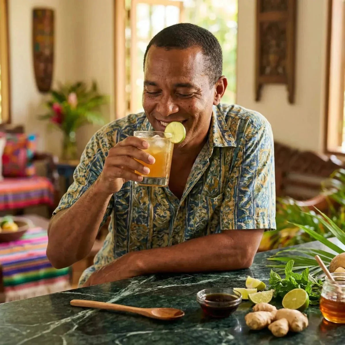 Un homme souriant, les yeux fermés, boit un cocktail avec le sirop de gingembre DELICES DE.