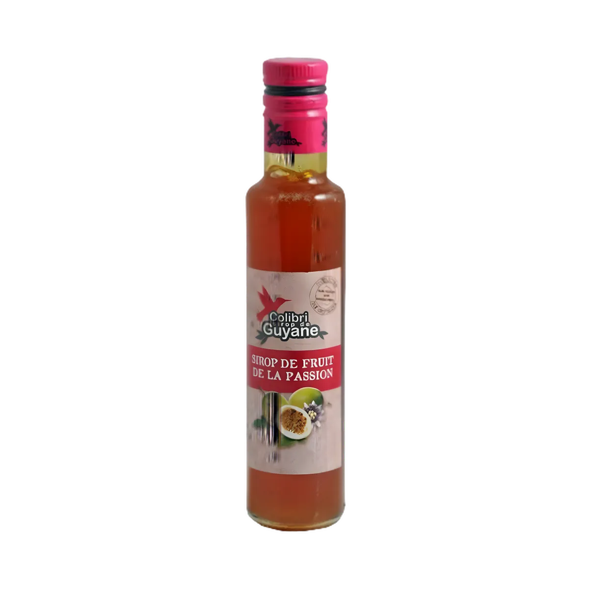 Bouteille de Sirop passion DELICES DE GUYANE au fruit de la passion, idéale pour boissons exotiques et desserts tropicaux.