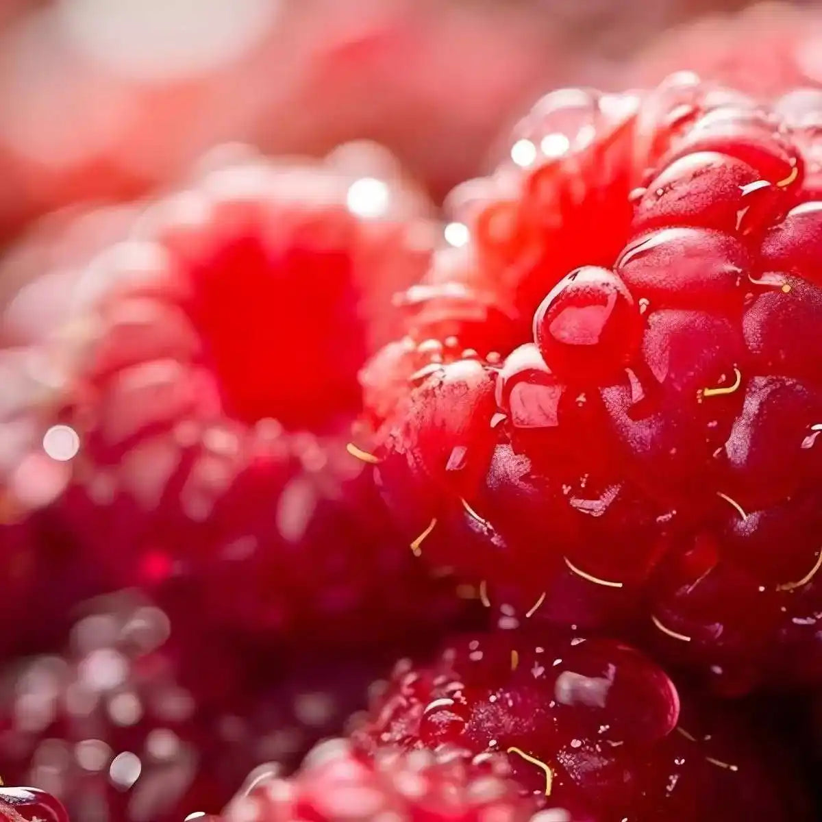 Gros plan de framboises fraîches juteuses, ingrédient clé du Soda Framboise GAZOUZ, boisson naturelle au goût fruité intense.