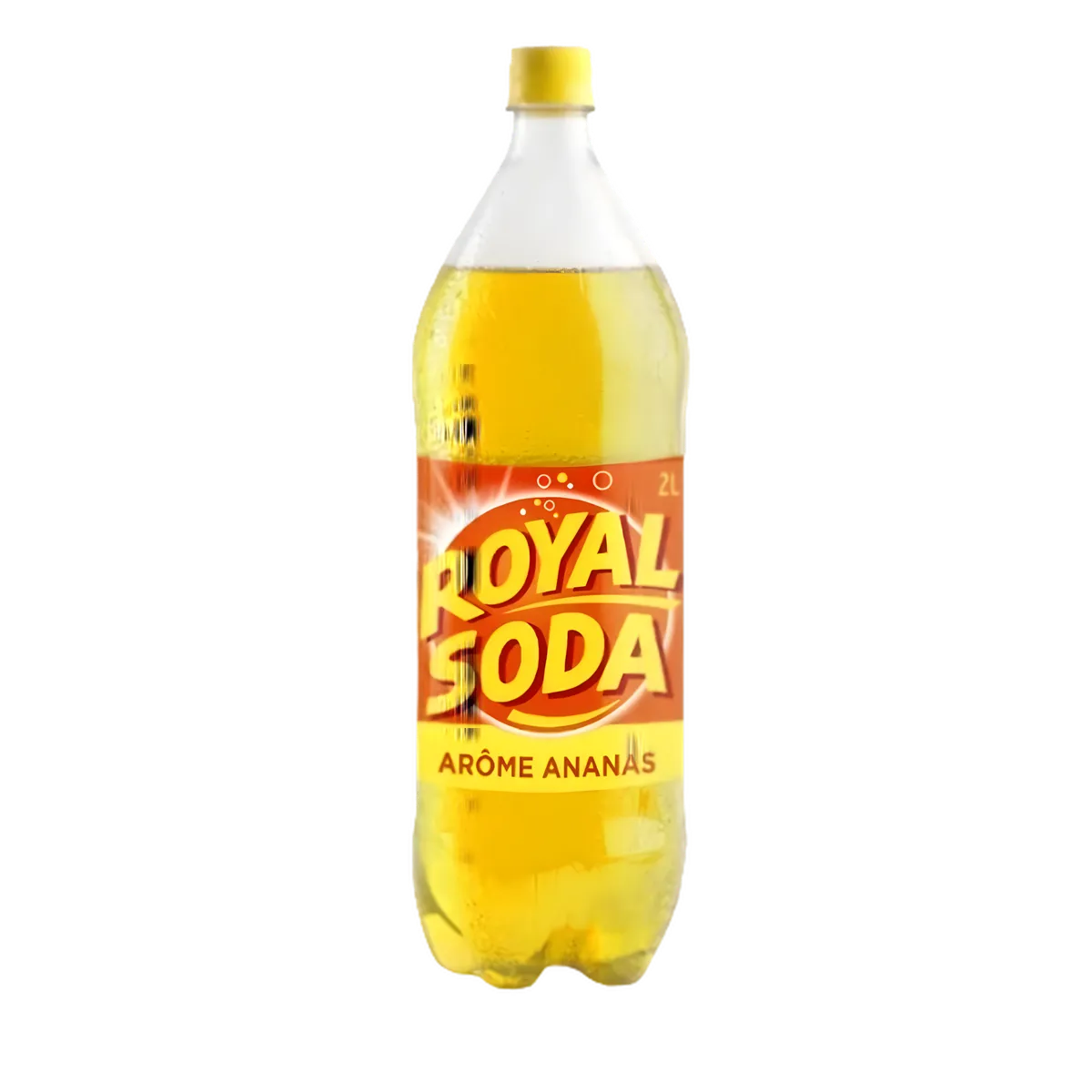 Bouteille de soda ananas tropical ROYAL SODA 2L, boisson gazeuse sucrée et fruitée idéale pour un rafraîchissement pétillant.
