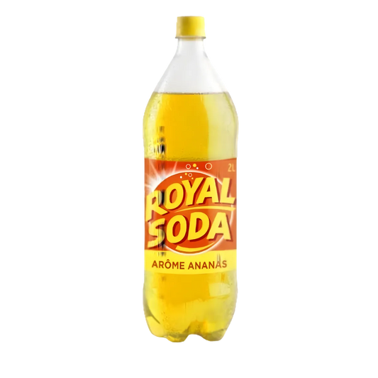 Bouteille de soda ananas tropical ROYAL SODA 2L, boisson gazeuse sucrée et fruitée idéale pour un rafraîchissement pétillant.