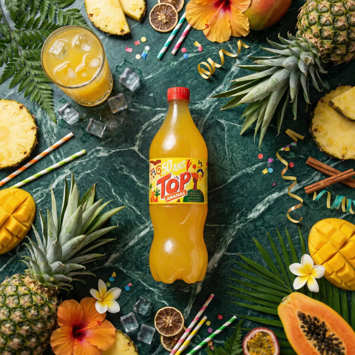 Ananassoda der Marke TOP, umgeben von frischen tropischen Früchten und einem Glas eiskaltem Soda.