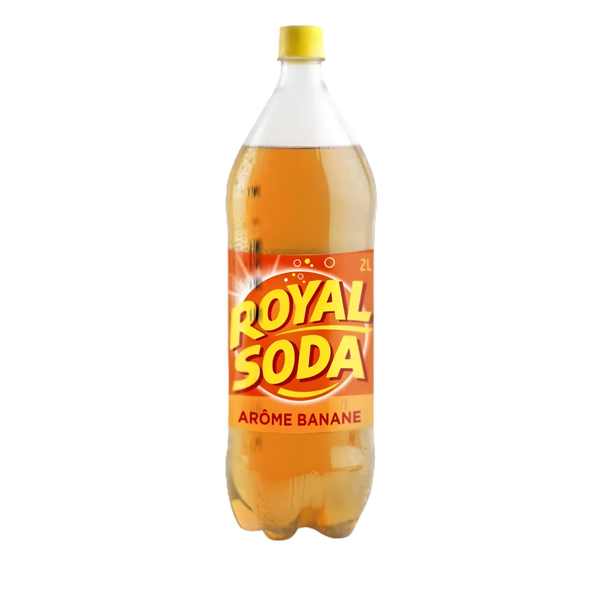 Bouteille de 2L de soda goût banane ROYAL SODA, boisson gazeuse rafraîchissante à l’arôme naturel de banane. Idéale pour l'été et les instants gourmands.