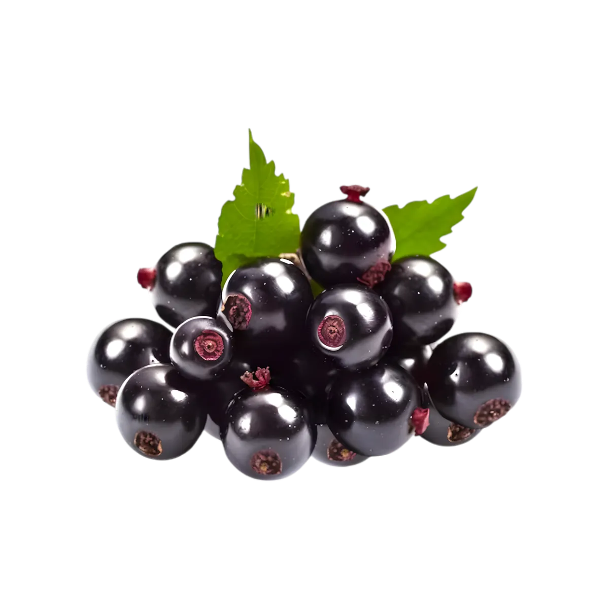 Grappe de cassis frais avec feuilles vertes, ingrédient principal du Soda Cassis Pétillant - ROYAL SODA, source de saveur naturelle et fruitée.