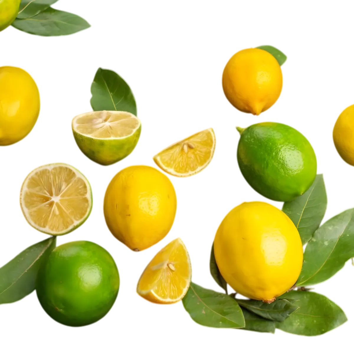 Citrons jaunes et verts frais avec feuilles, illustrant les arômes naturels du ROYAL SODA Citron. Ingrédients clés pour une boisson acidulée.