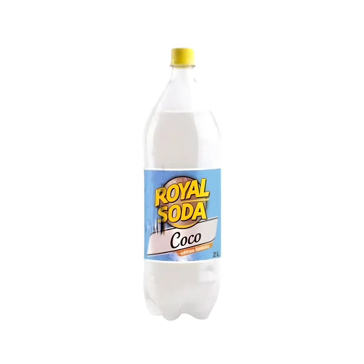 Bouteille de soda coco ROYAL SODA 2L avec étiquette bleue, boisson pétillante à la saveur exotique de noix de coco, idéale pour se rafraîchir.