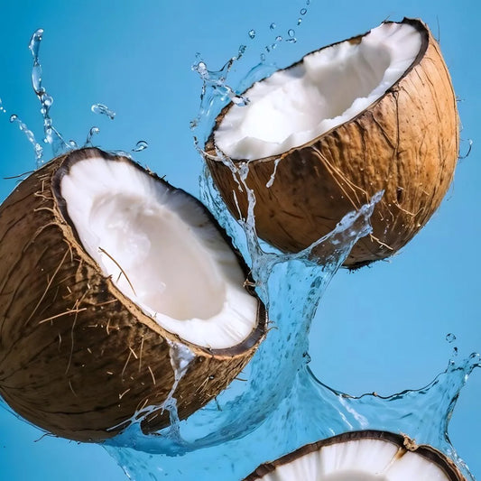 Noix de coco éclatées avec éclaboussures d'eau sur fond bleu, illustrant la fraîcheur exotique du soda coco ROYAL SODA, boisson désaltérante.