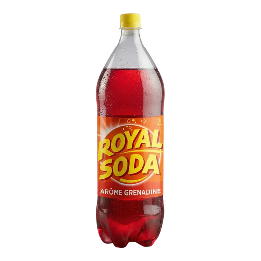 Bouteille de ROYAL SODA, soda aromatisé à la grenadine, format 2L. Bouteille entière.