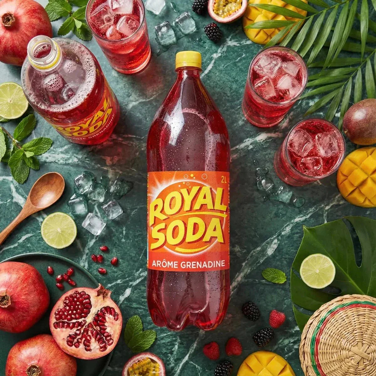 ROYAL SODA, refresco sabor granadina presentado con frutas frescas, vasos llenos de hielo.