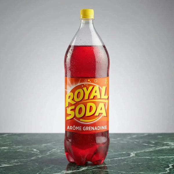 Bouteille de Royal Soda grenadine 2L sur une table en marbre vert.