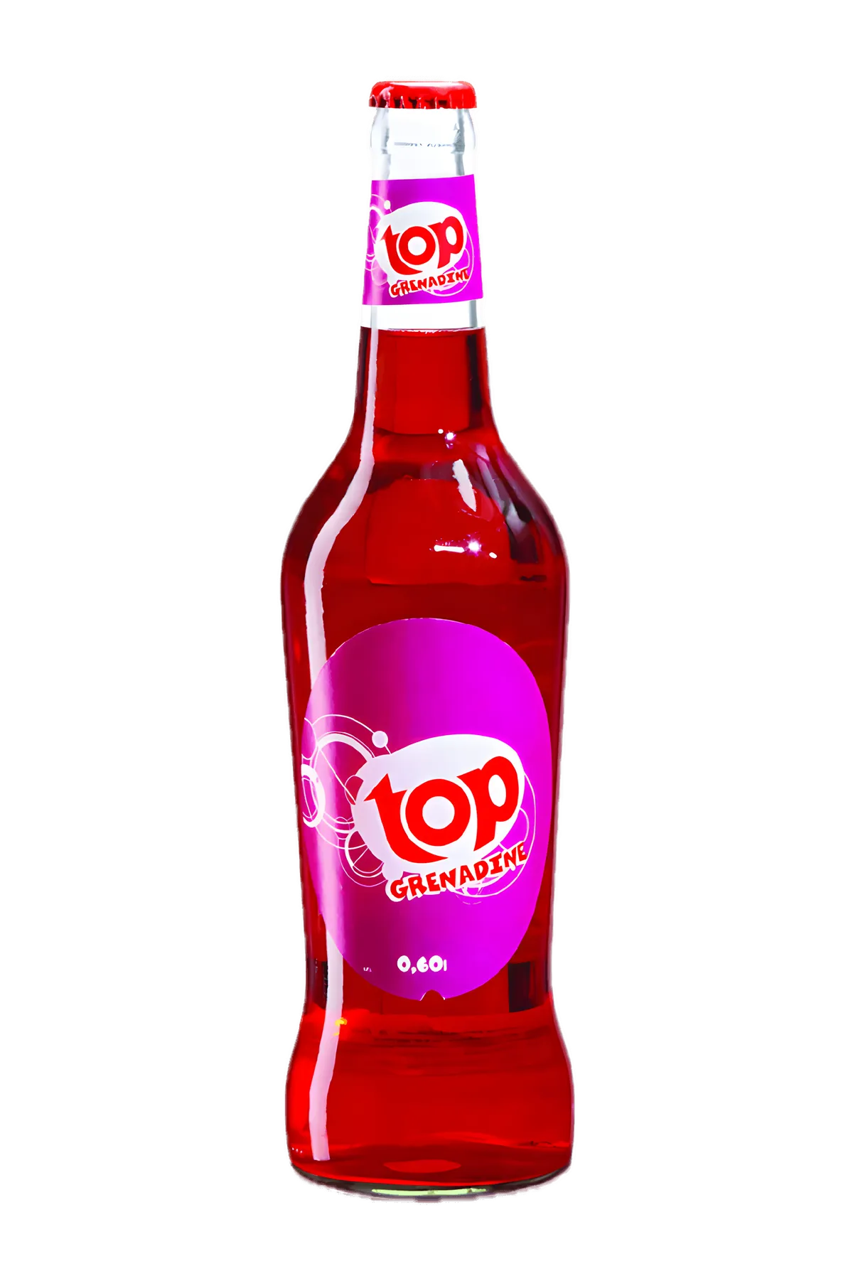 Bouteille de Soda goût grenadine TOP 0,6L, boisson rafraîchissante à la saveur fruitée, idéale pour l'été. Catégorie : Boissons > Soda.