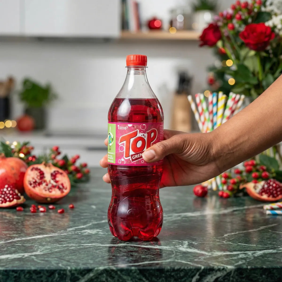 Soda sabor granadina TOP — 1L presentado sobre una mesa con granadas y una decoración festiva.