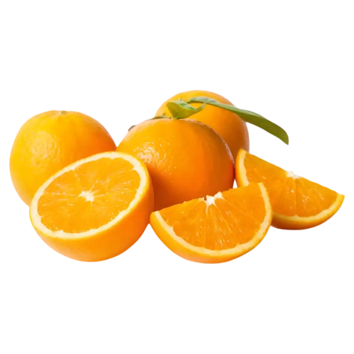 Oranges fraîches entières et tranchées, illustrant l’ingrédient naturel principal du ROYAL SODA goût orange, boisson au goût authentique.