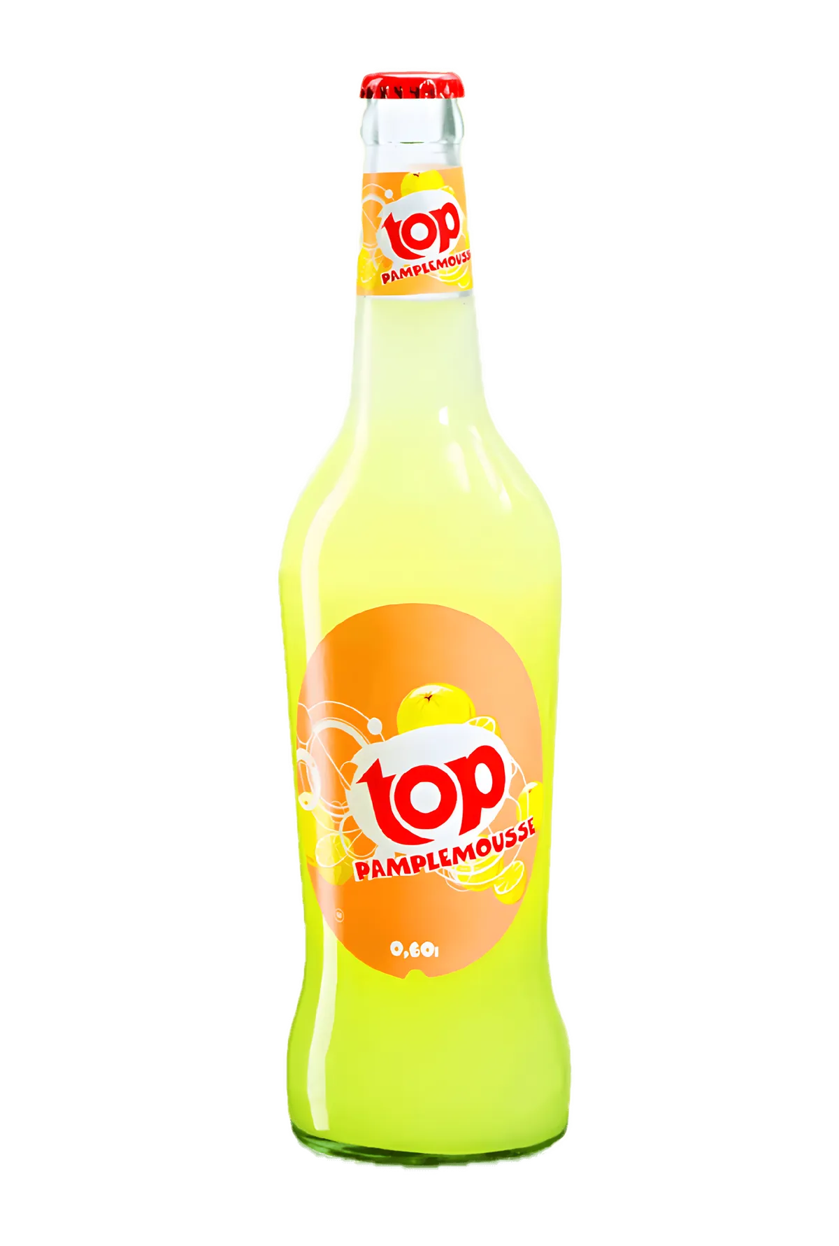 Bouteille de soda goût pamplemousse TOP, boisson gazeuse rafraîchissante à la saveur acidulée, idéale pour l'été.