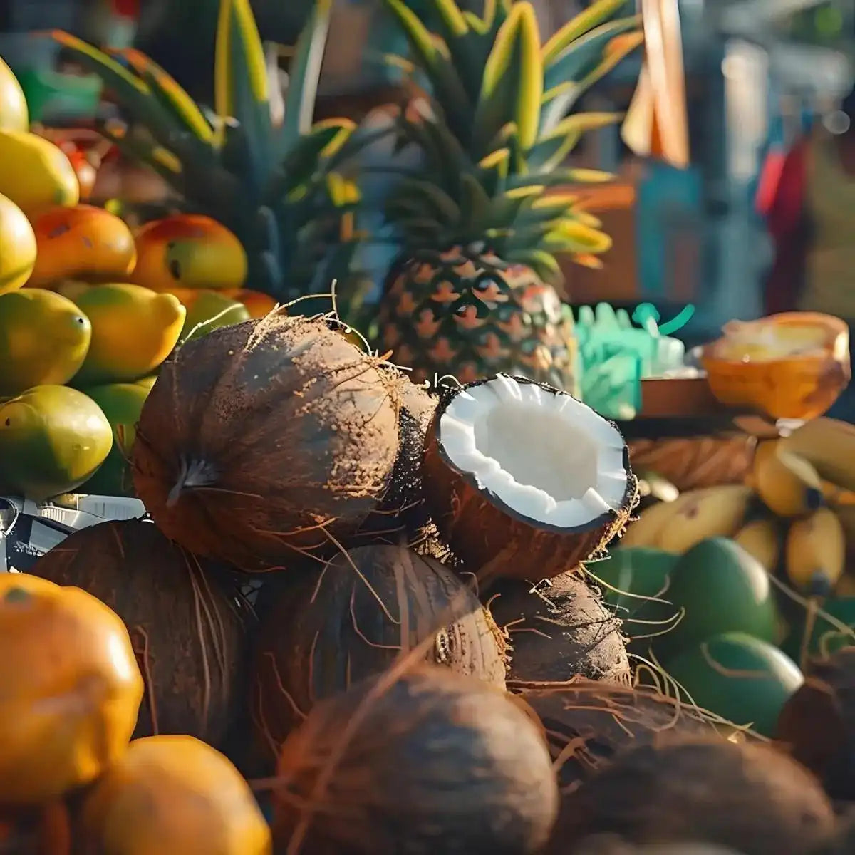 Marché tropical avec noix de coco, ananas et mangues, illustrant les saveurs exotiques du soda pétillant ROYAL SODA Tropical.