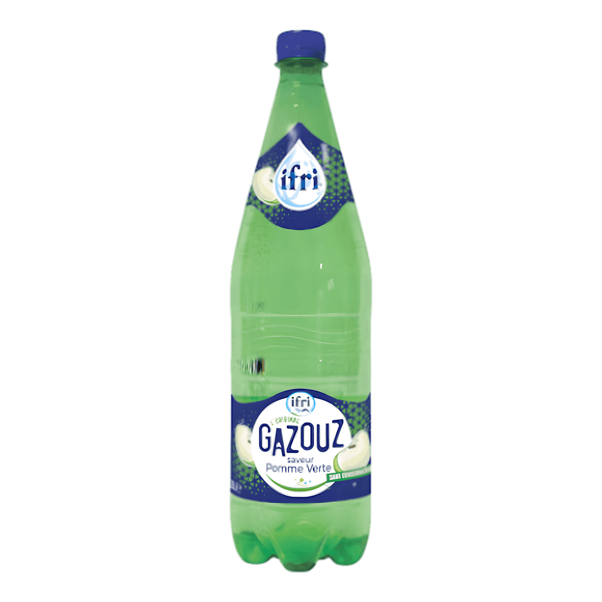 Soda pomme verte GAZOUZ - BOISSON - NKOSI, bouteille en plastique verte de 1L avec étiquette bleue et illustrations de pommes vertes.
