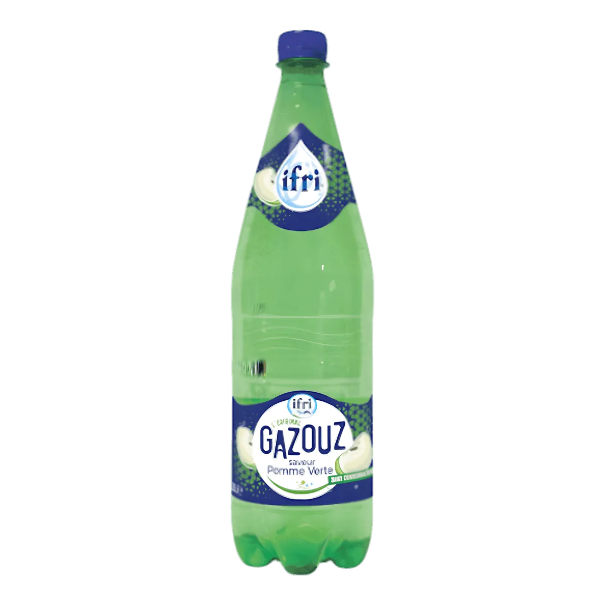 Soda pomme verte GAZOUZ - BOISSON - NKOSI, bouteille en plastique verte de 1L avec étiquette bleue et illustrations de pommes vertes.