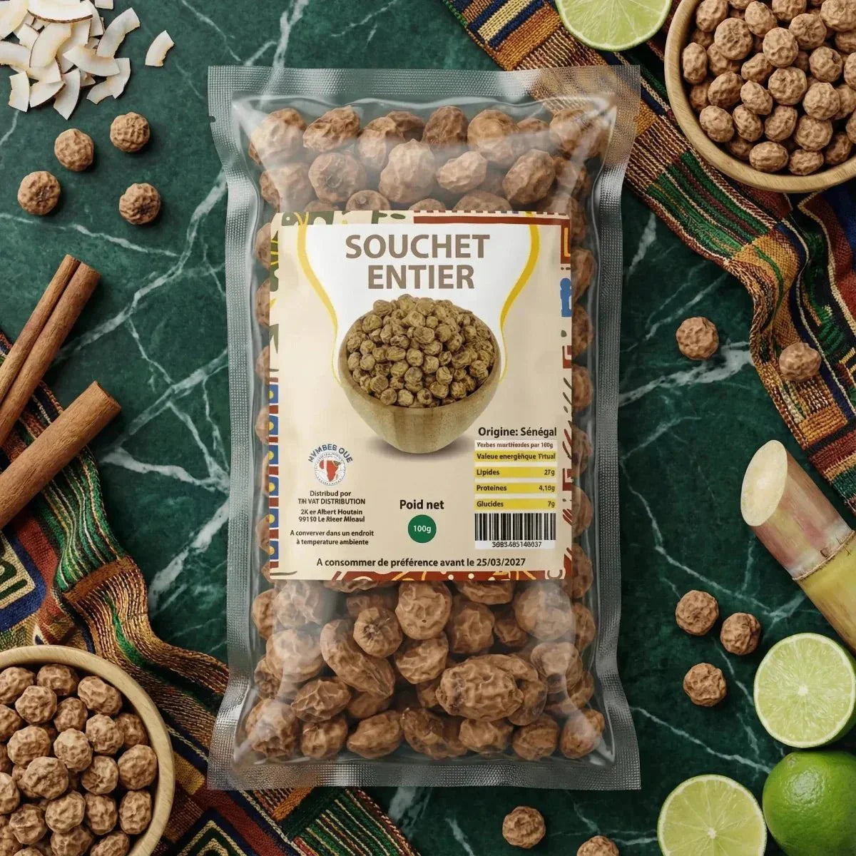 Whole tigernuts from TIN VAT DISTRIBUTION displayed in a bag on a marbled green background.