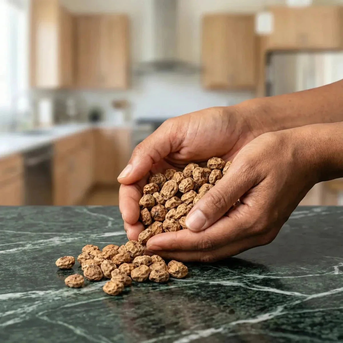 Whole NUMBER ONE tiger nut held in hands.