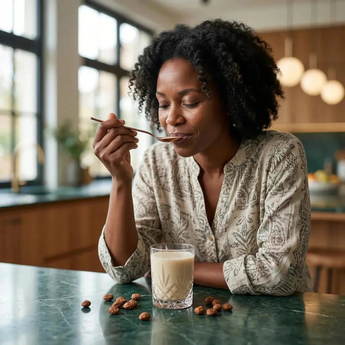 NUMBER ONE Whole Tiger Nut - Woman enjoying a glass of tiger nut milk with tubers nearby.