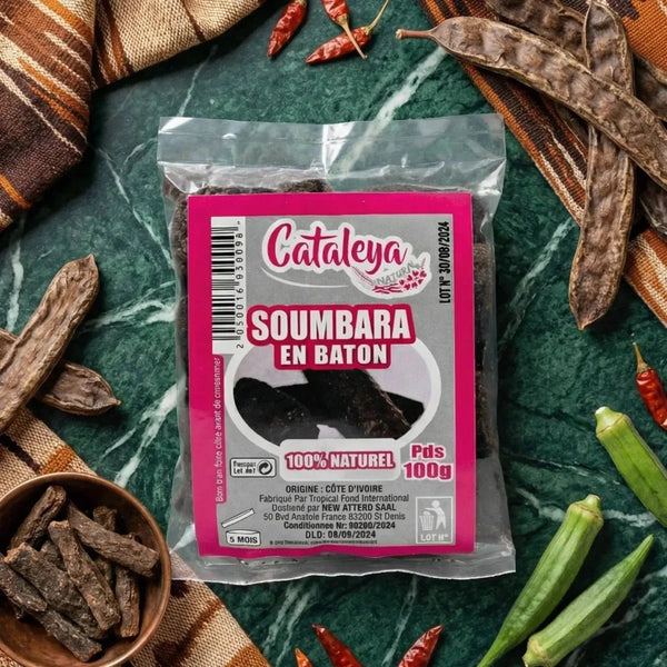 Soumbara en bâton by CATALEYA, présenté dans un emballage en plastique avec des piments rouges.