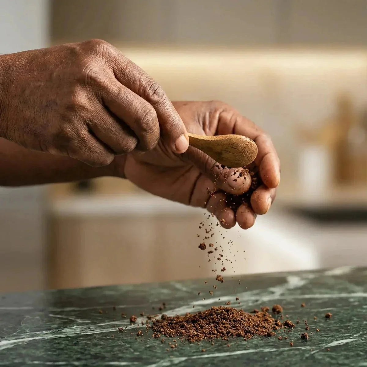 Soumbara en poudre CATALEYA : main déversant l'épice d'une cuillère en bois sur un comptoir marbré.