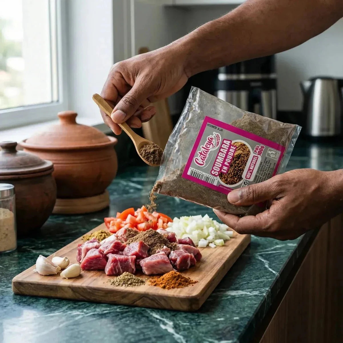 Soumbara en poudre CATALEYA, 100g. Préparation culinaire avec viande, légumes.