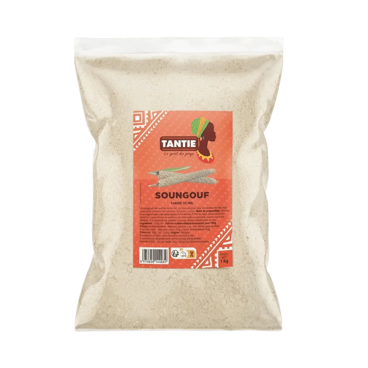 Soungouf, farine de mil, par TANTIE, dans un sachet en plastique transparent.
