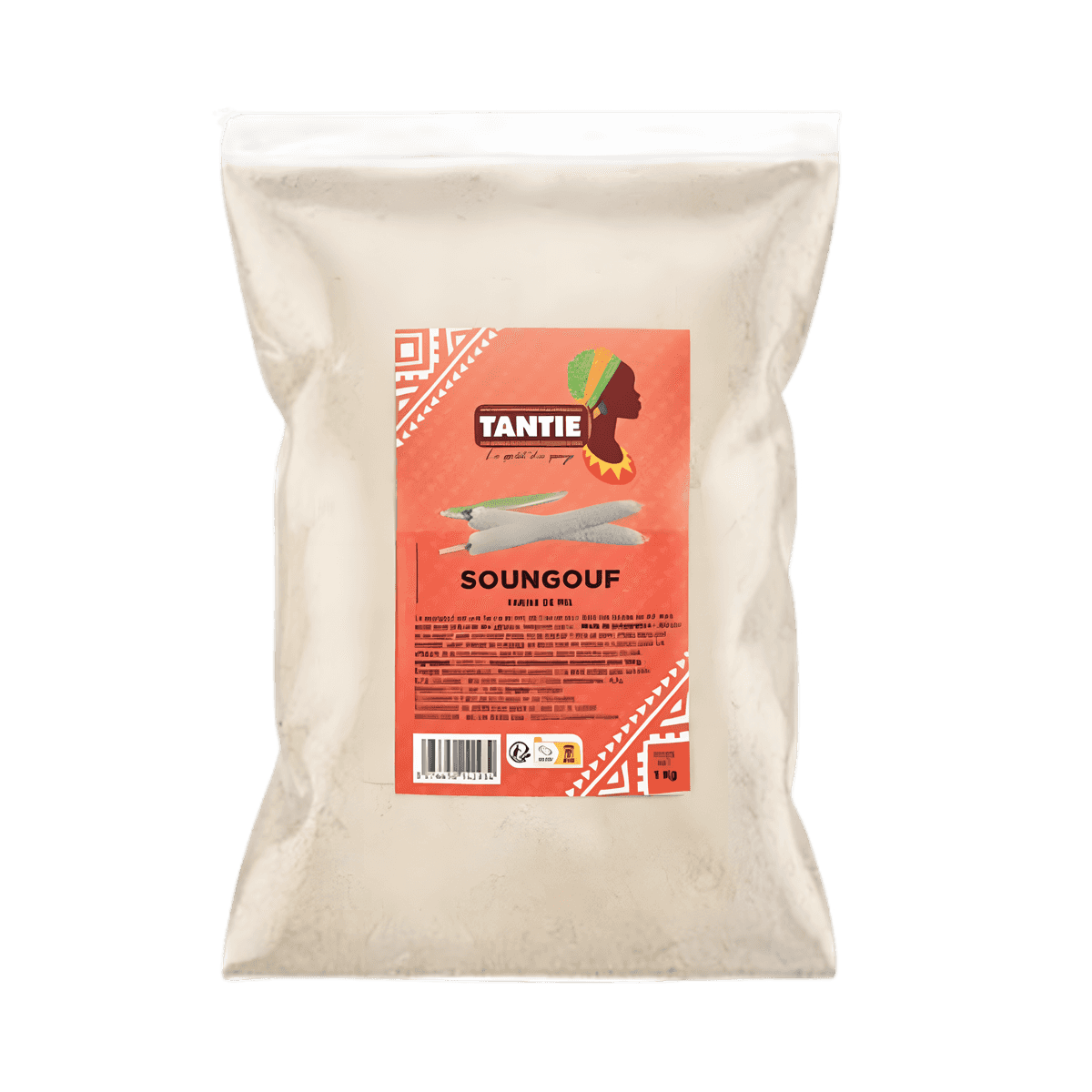 Soungouf TANTIE - ÉPICERIE SALÉE - NKOSI, farine traditionnelle emballée dans un sachet transparent avec étiquette rouge et logo africain.