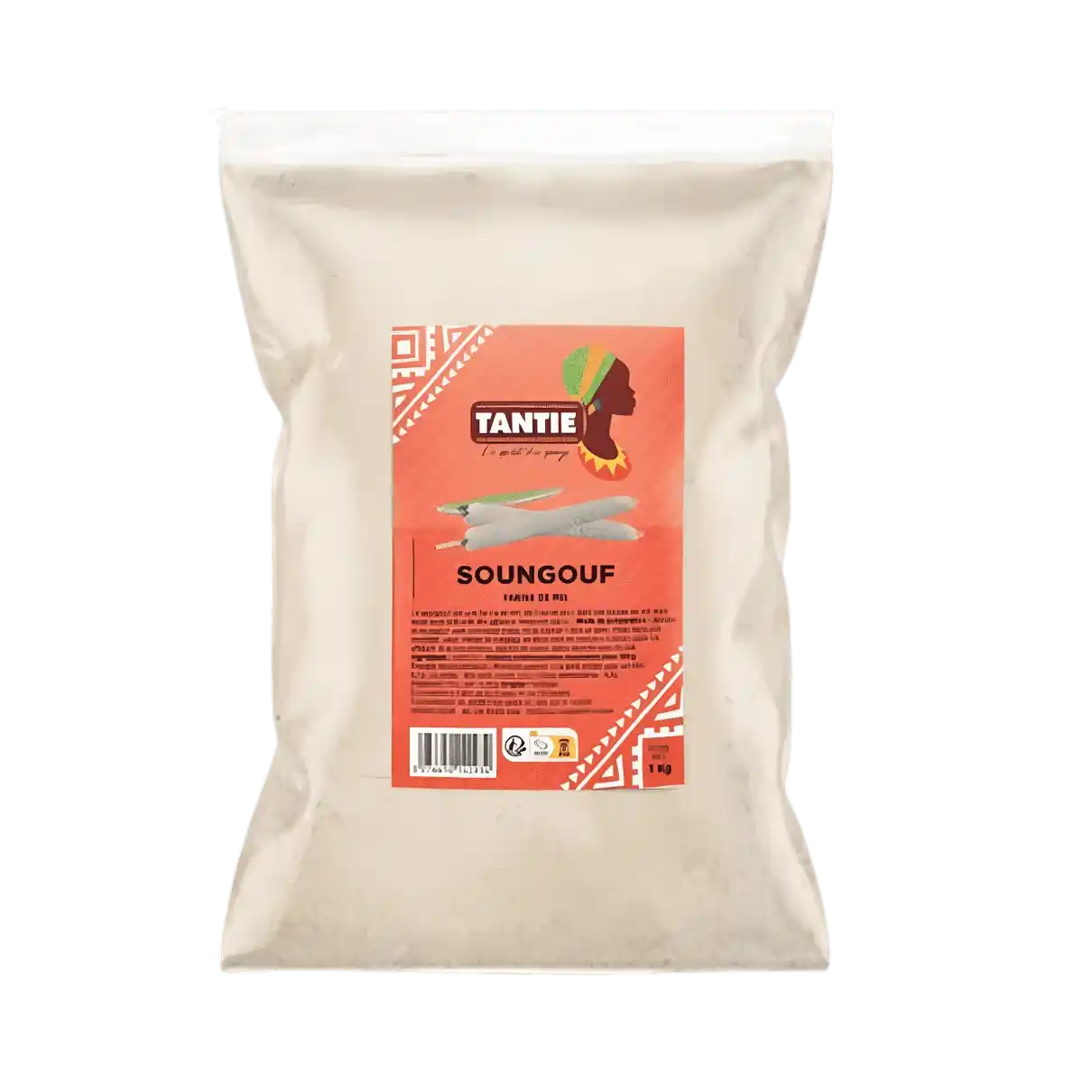 Soungouf TANTIE - Authentique Cuisine | Traditionnelle & Savoureuse, farine de mil conditionnée en sachet transparent pour épicerie salée.