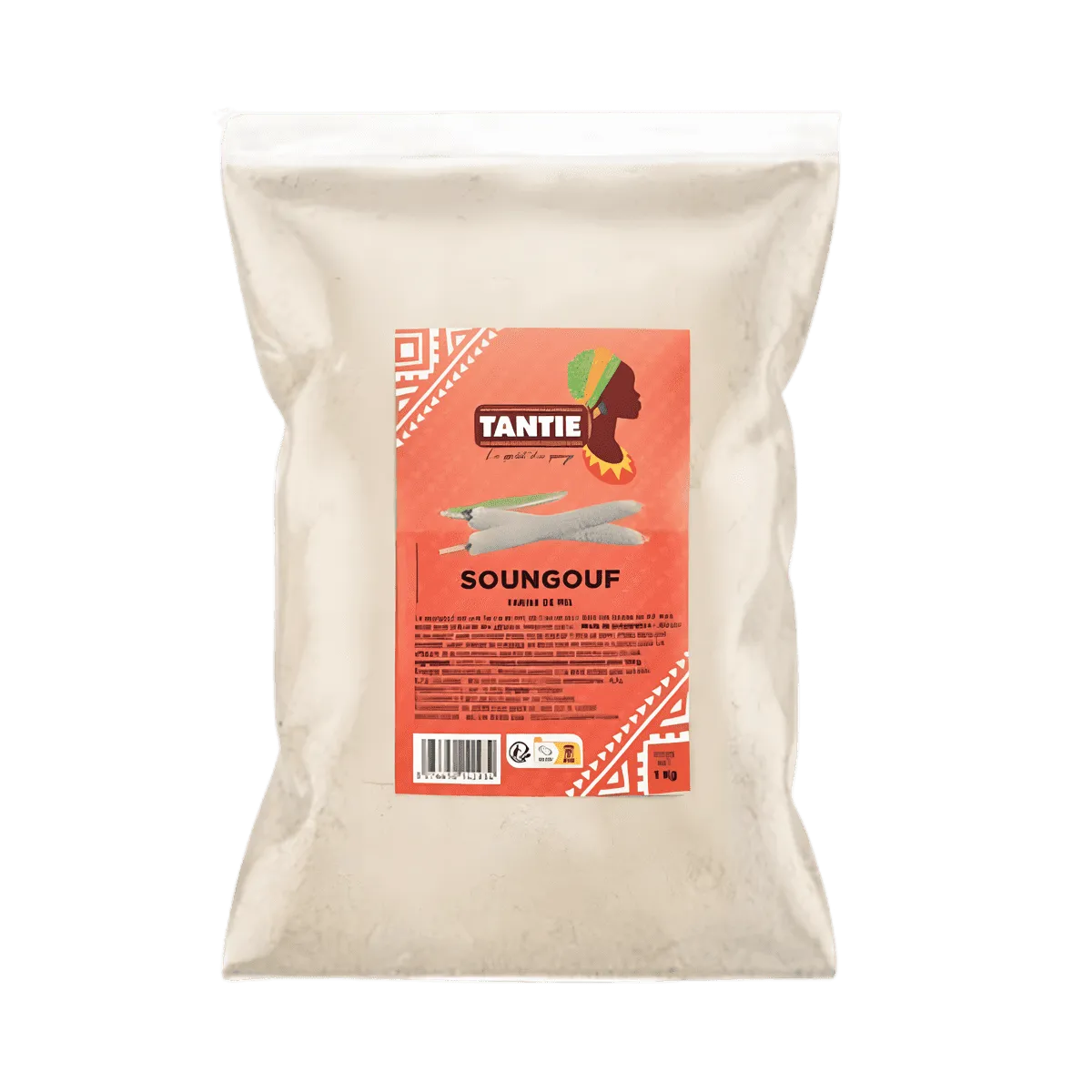 Soungouf TANTIE - ÉPICERIE SALÉE - NKOSI, farine traditionnelle emballée dans un sachet transparent avec étiquette rouge et logo africain.
