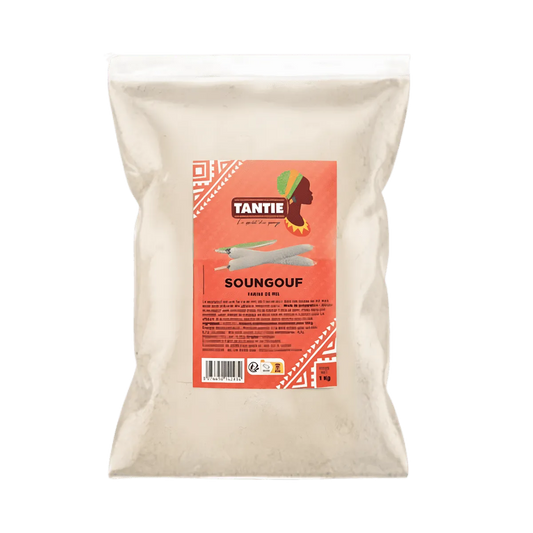 Soungouf TANTIE - ÉPICERIE SALÉE - NKOSI, farine traditionnelle emballée dans un sachet transparent avec étiquette rouge et logo africain.