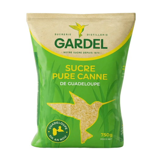 Sacchetto di zucchero di canna GARDEL 750g. Il logo del marchio è visibile su uno sfondo verde.