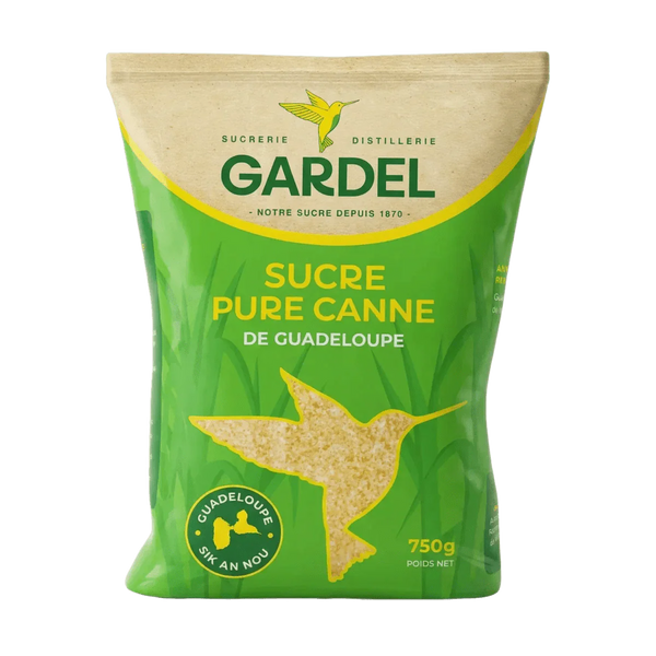Sachet de sucre de canne GARDEL 750g. Le logo de la marque est visible sur un fond vert.
