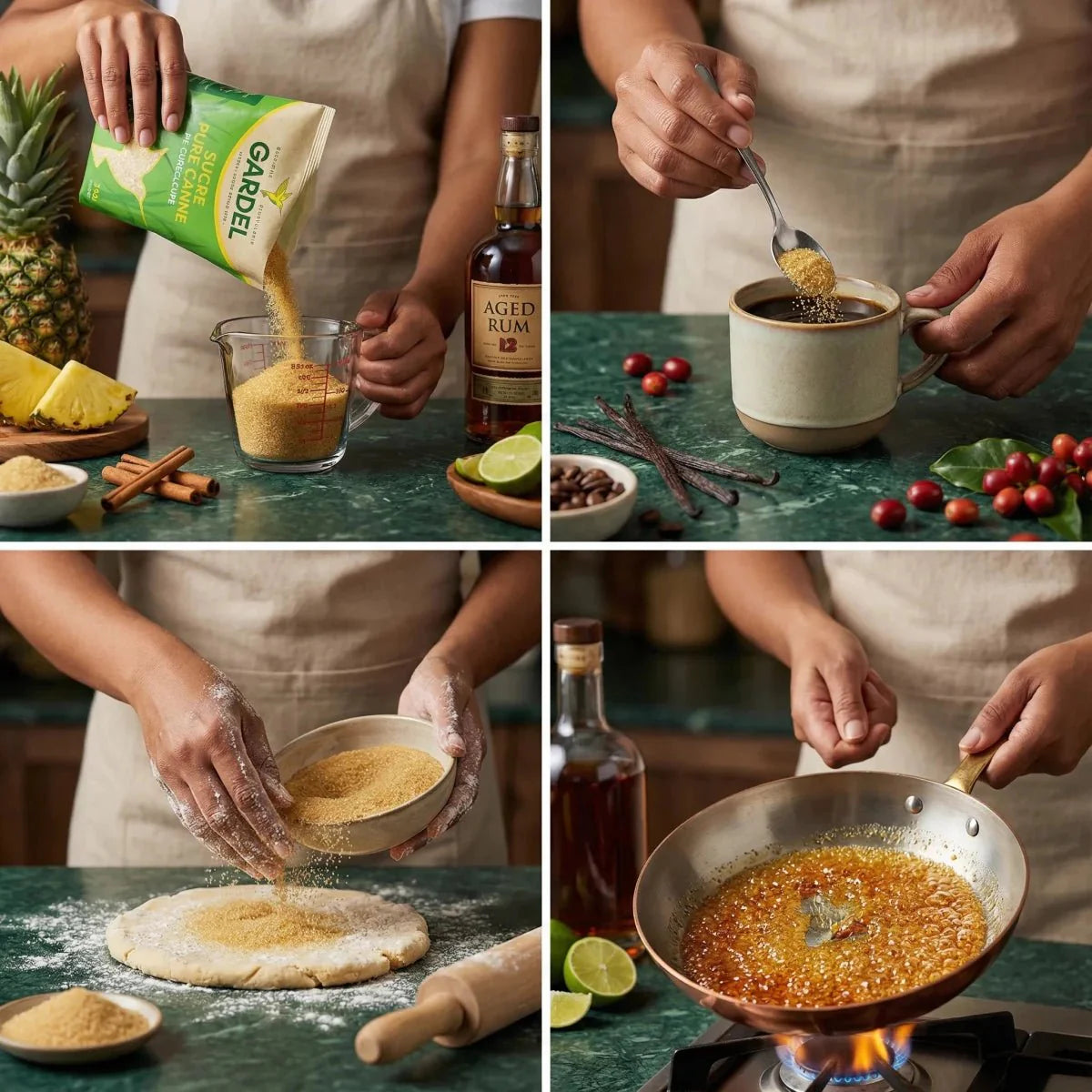 Zucchero di canna GARDEL, utilizzato in diverse preparazioni culinarie.