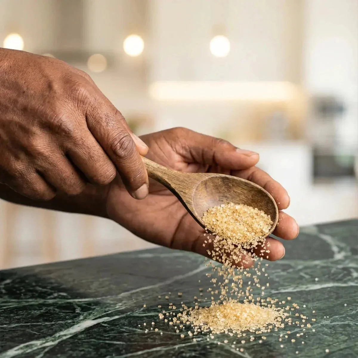 Zucchero di canna Gardel versato da un cucchiaio di legno su un bancone in marmo verde.