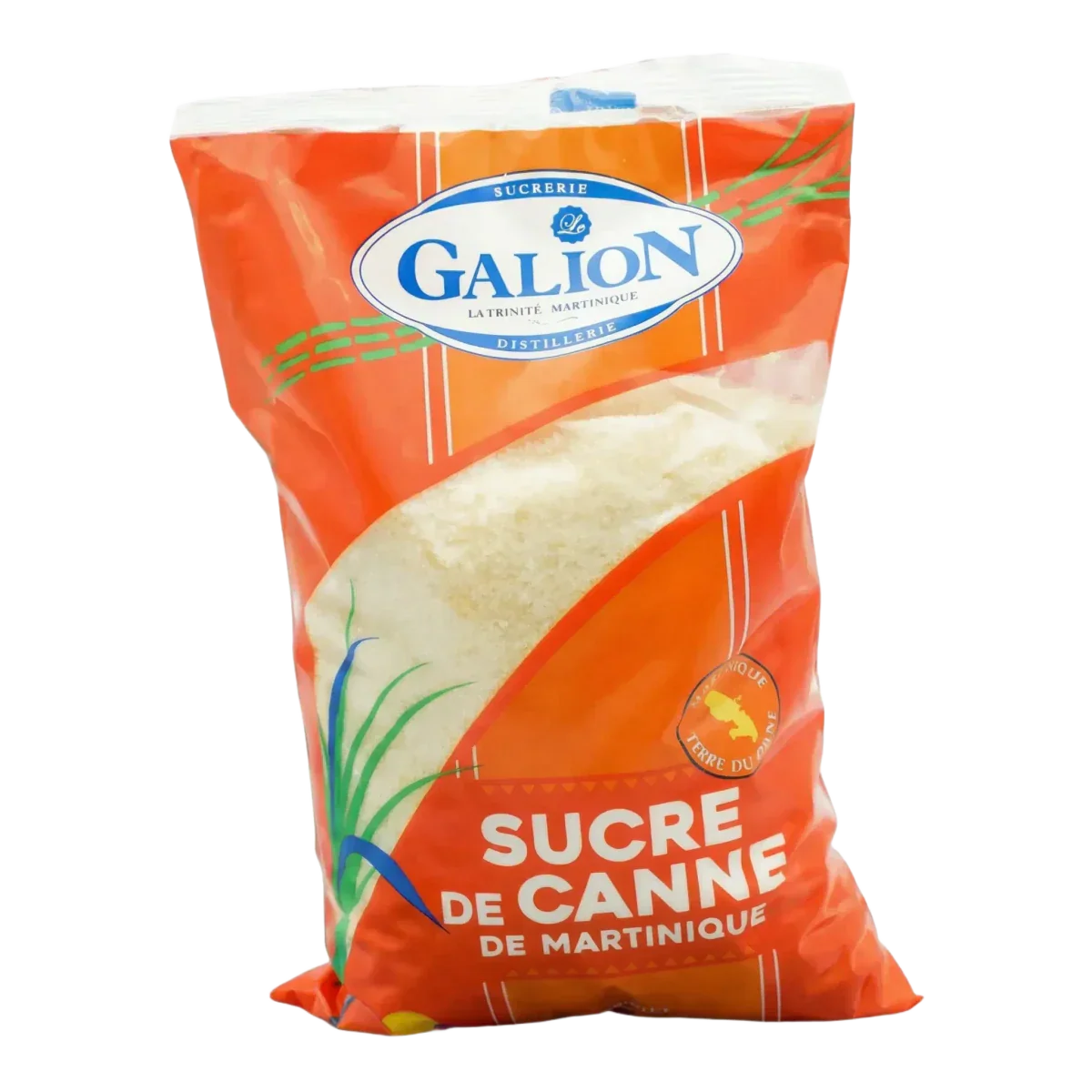 Pak rietsuiker Le Galion, product uit Martinique. De verpakking is oranje en wit.