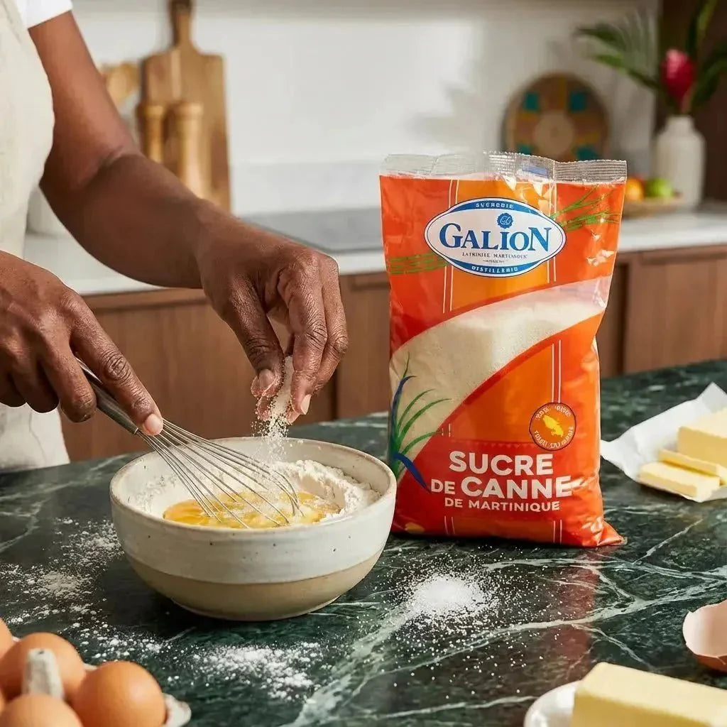 Sucre de canne LE GALION, 1kg. Préparation de pâtisserie: une personne verse du sucre dans un bol.