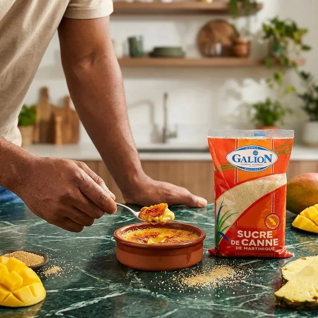 Sucre de canne LE GALION. Crème brûlée, mangue et sucre sur un comptoir en marbre.