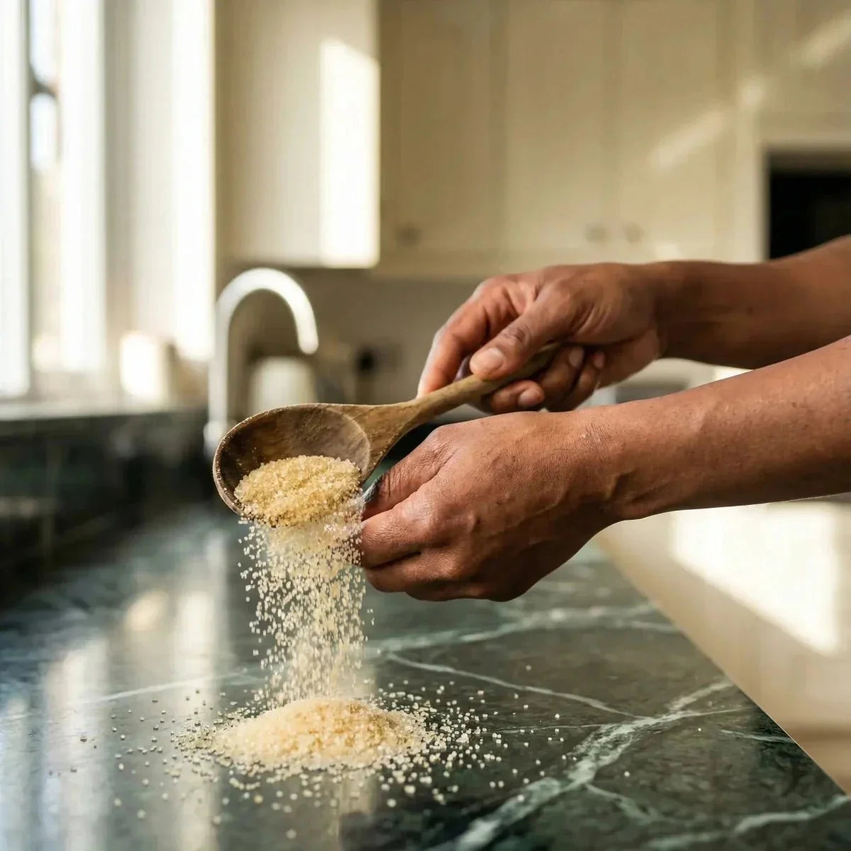 Sucre de canne, de Le Galion, déversé d'une cuillère en bois sur un comptoir de cuisine marbré.
