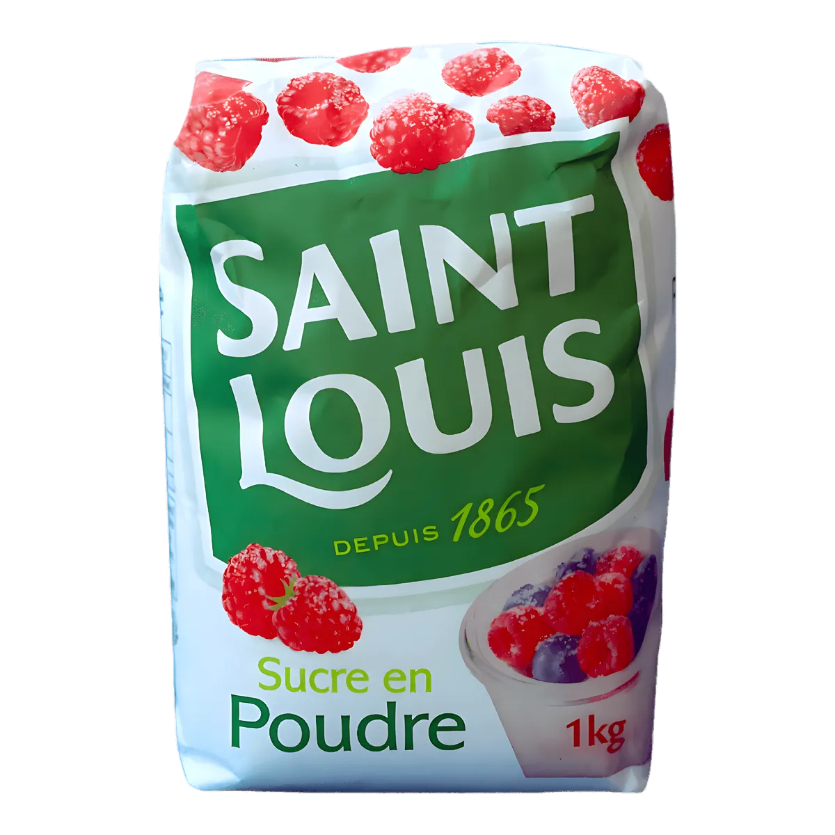 Sucre en poudre SAINT LOUIS - Sucre Saint Louis 1kg avec cristaux fins, parfait pour pâtisseries et boissons, emballage illustré de framboises.