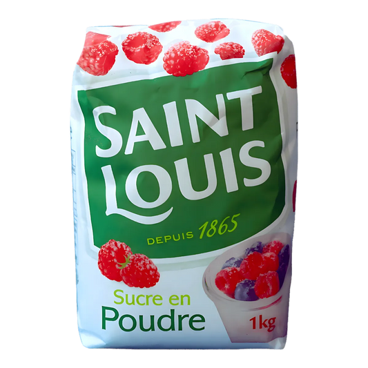 Sucre en poudre SAINT LOUIS - Sucre Saint Louis 1kg avec cristaux fins, parfait pour pâtisseries et boissons, emballage illustré de framboises.
