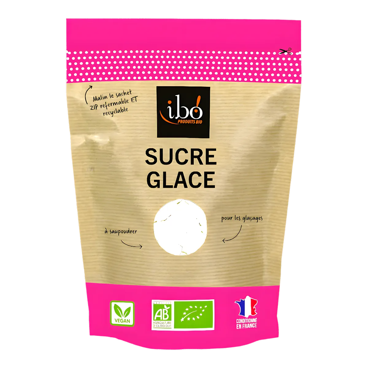 Sucre glace IBO BIO en sachet refermable recyclable, certifié bio et vegan, idéal pour pâtisseries et glaçages. Épicerie sucrée naturelle.