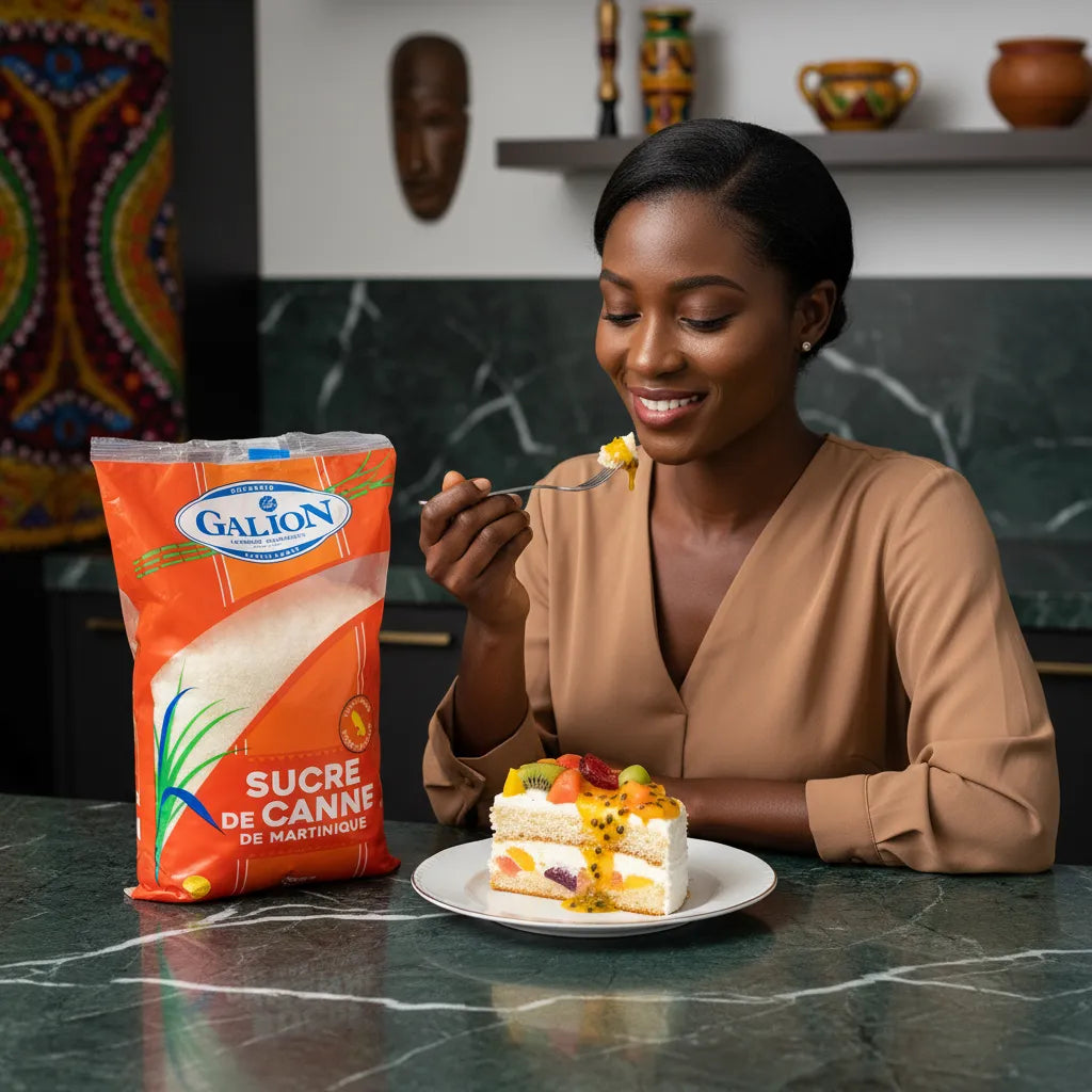 Femme dégustant un gâteau aux fruits préparé avec le sucre de canne LE GALION, ingrédient clé pour desserts savoureux.