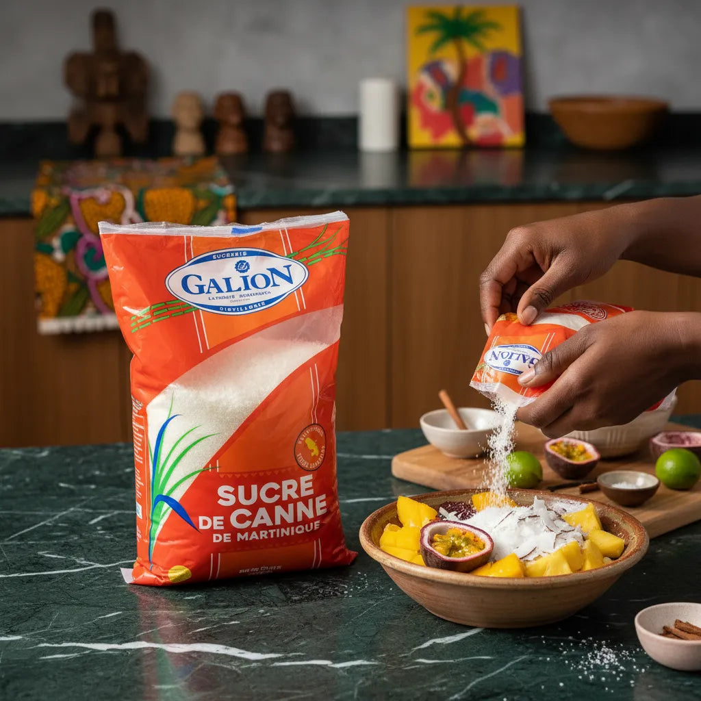 Utilisation du sucre de canne LE GALION pour sucrer un dessert tropical, illustrant sa polyvalence en cuisine créole.