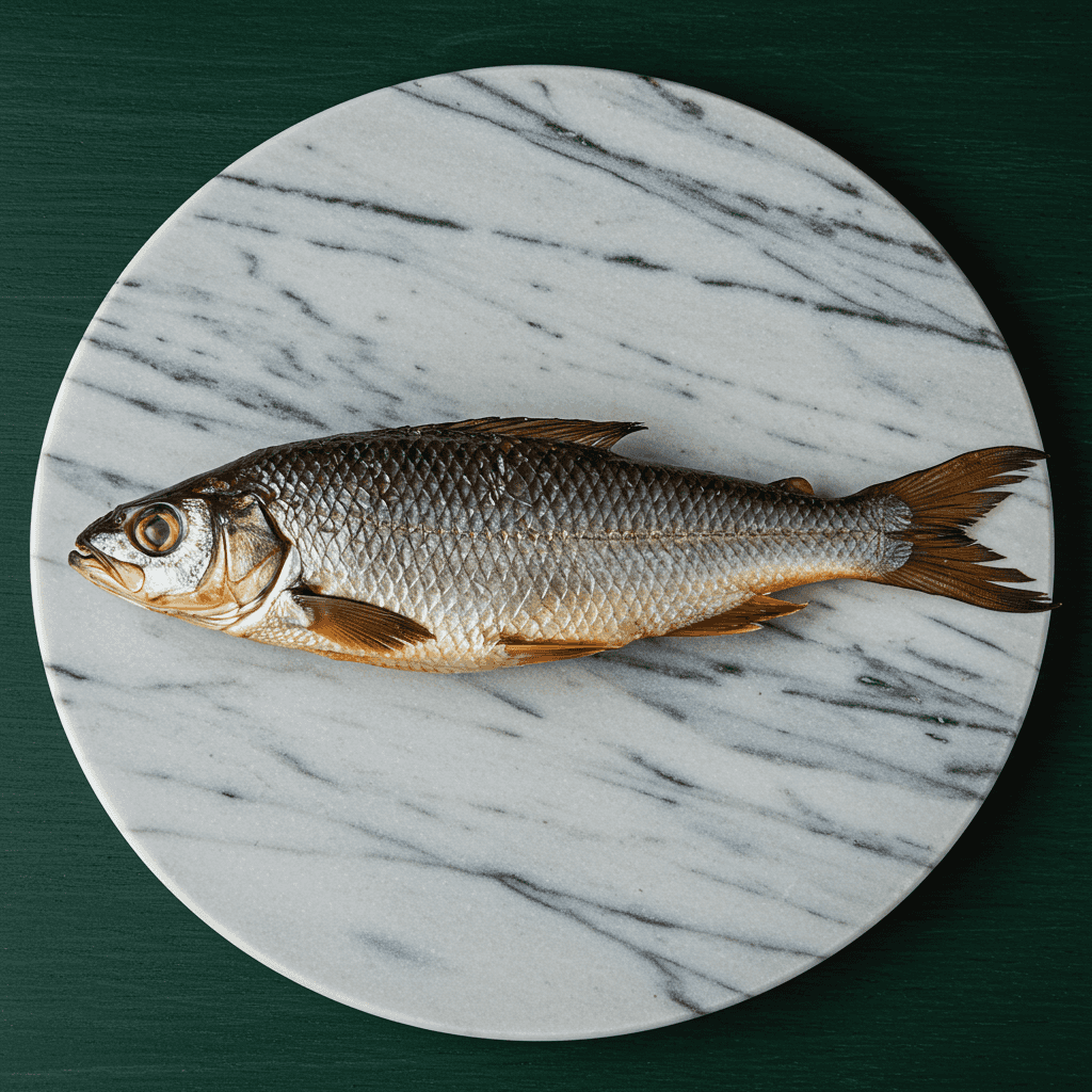Tambour / Capitaine NANKA fumé - POISSON - NKOSI présenté sur une planche en marbre ovale, idéal pour la vente de poisson fumé surgelé premium.