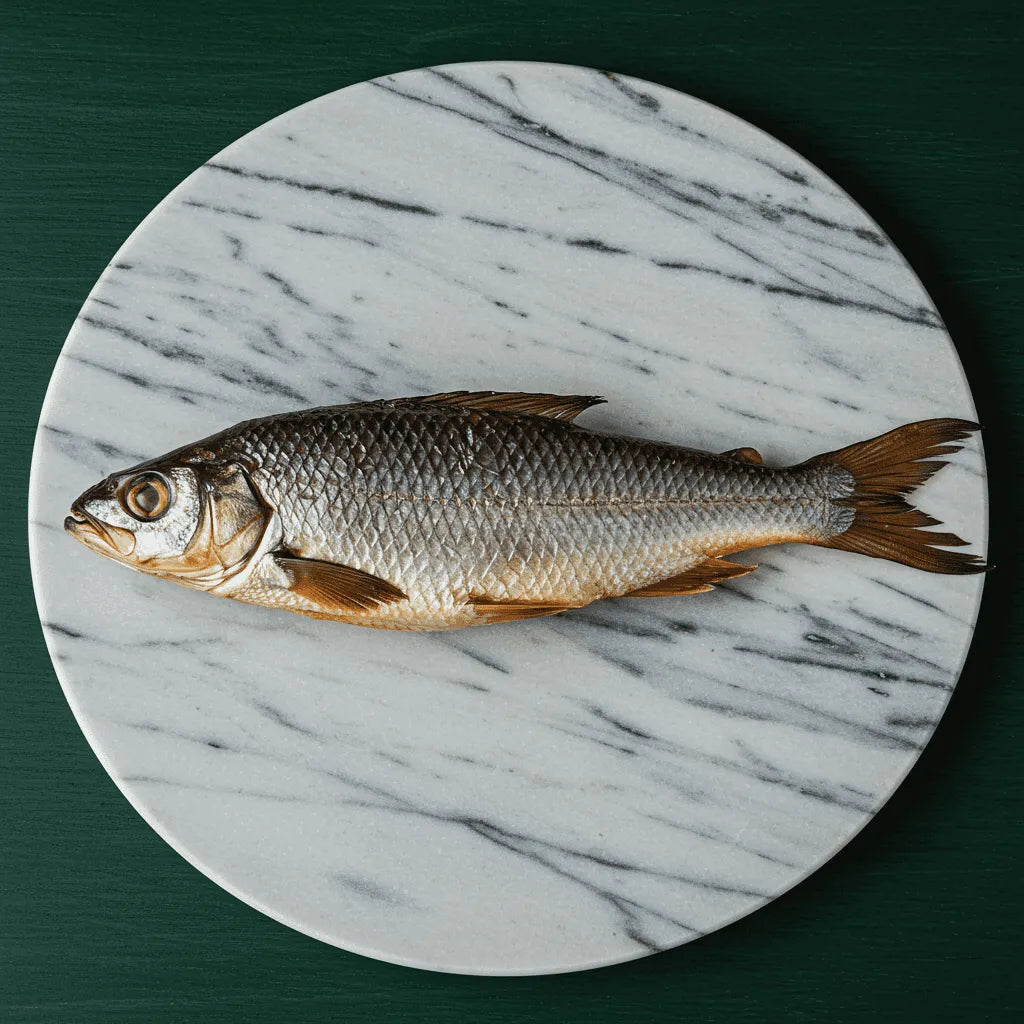 Tambour / Capitaine NANKA fumé - POISSON - NKOSI présenté sur une planche en marbre ovale, idéal pour la vente de poisson fumé surgelé premium.